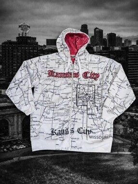 vtg Y2K Beyond The Limit White Kansas City Map Fleece Jacket Hoodie Sz XXL